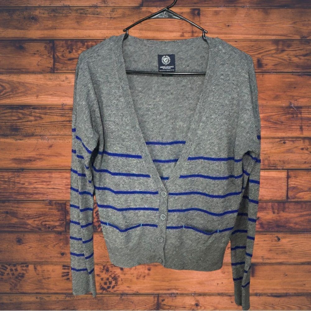 American Eagle Outfitters Gray and Blue Striped Cardigan